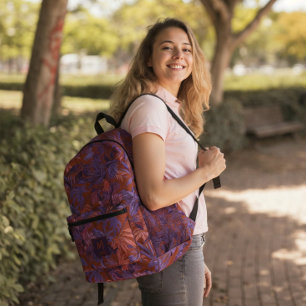 Modern Tropical Leaf Red Purple Monogram Design Printed Backpack