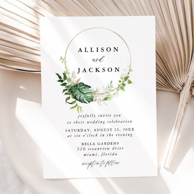 Modern Tropical Leaves Gold Circle Frame Wedding Invitation (Creator Uploaded)