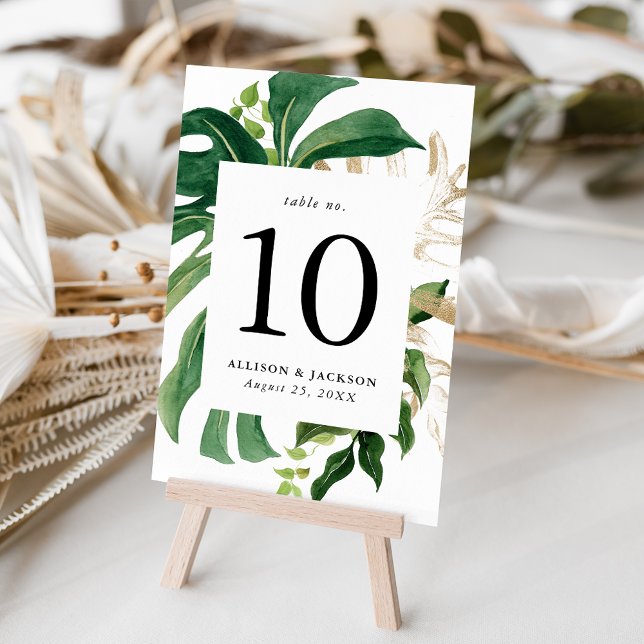 Modern Tropical Leaves Gold Personalised Table Number (Creator Uploaded)
