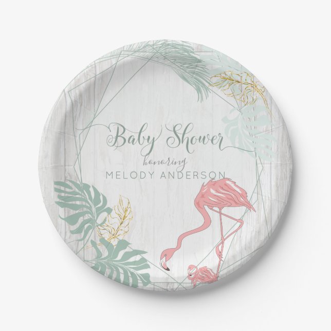 Modern Tropical Leaves Pink Flamingo Baby Shower Paper Plate (Front)