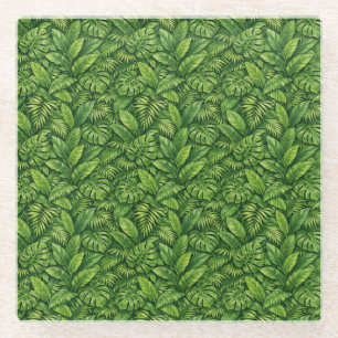 Modern Tropical Leaves Seamless Pattern Glass Coaster