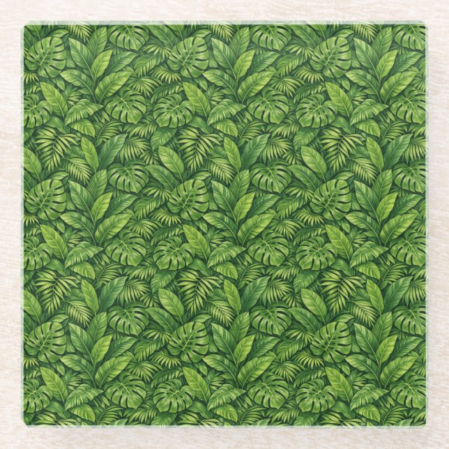 Modern Tropical Leaves Seamless Pattern Glass Coaster (Front)