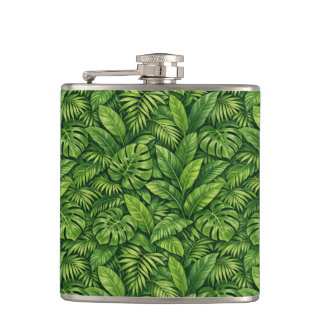 Modern Tropical Leaves Seamless Pattern Hip Flask