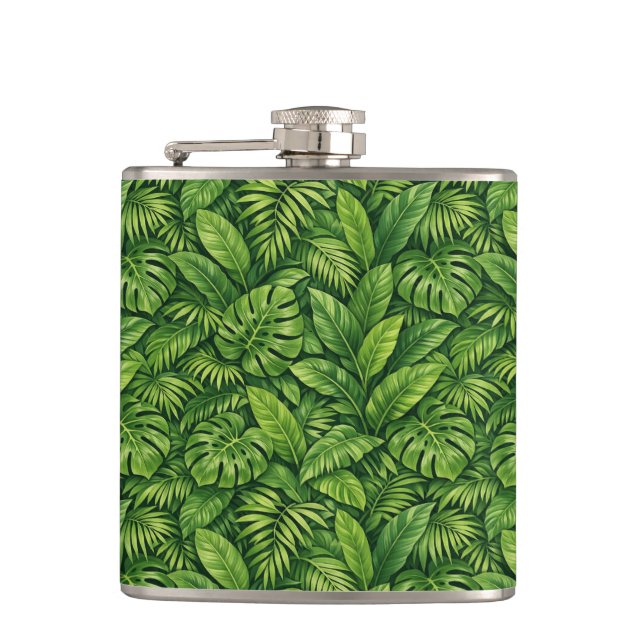 Modern Tropical Leaves Seamless Pattern Hip Flask (Front)