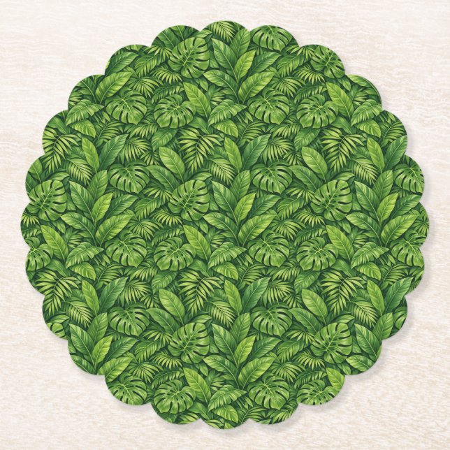 Modern Tropical Leaves Seamless Pattern Paper Coaster (Front)