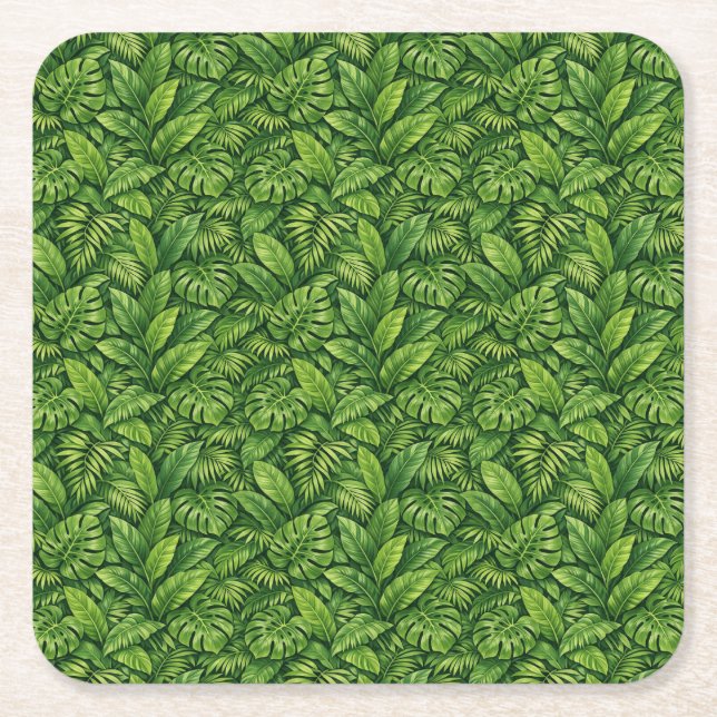 Modern Tropical Leaves Seamless Pattern Square Paper Coaster (Front)