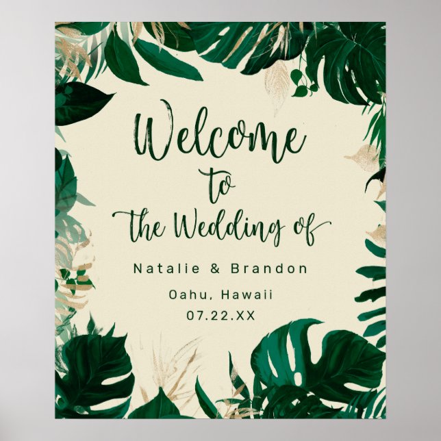 Modern Tropical Leaves Wedding Welcome Sign (Front)