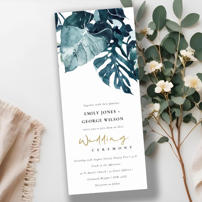 Modern Tropical Monstera Blue Foliage Wedding Invitation (Creator Uploaded)