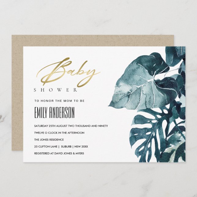 Modern Tropical Monstera Fauna Baby Shower Invite (Front/Back)