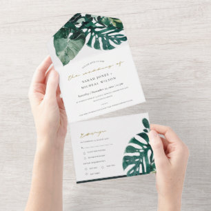 MODERN TROPICAL MONSTERA FOLIAGE GREEN WATERCOLOR ALL IN ONE INVITATION