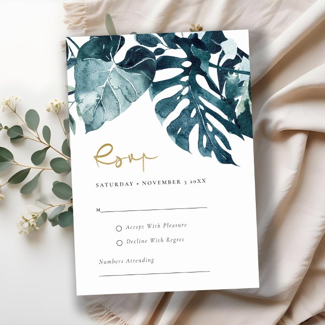 Modern Tropical Monstera Foliage Wedding Blue Rsvp Enclosure Card (Creator Uploaded)