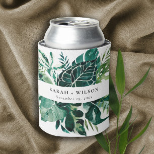 Modern Tropical Monstera Green Foliage Wedding Can Cooler