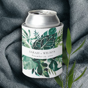 Modern Tropical Monstera Green Foliage Wedding  Can Cooler