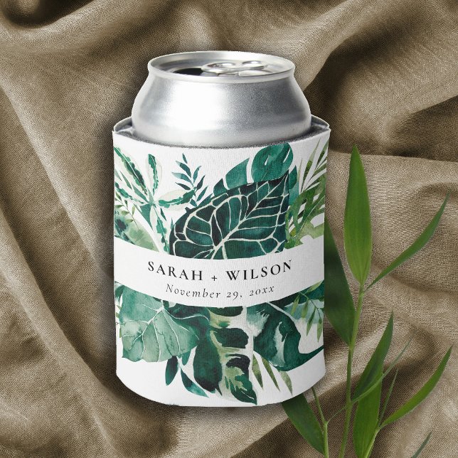 Modern Tropical Monstera Green Foliage Wedding Can Cooler (Creator Uploaded)