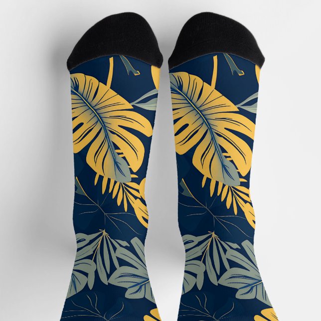 Modern Tropical Monstera Leaf Navy Gold Jungle  Socks (Top)