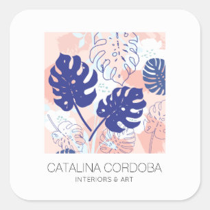 Modern Tropical Monstera Leaf Pattern Peach/Blue Square Sticker