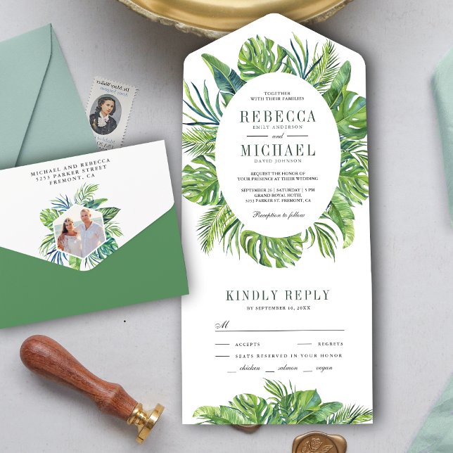 Modern Tropical Monstera Palm Leaves Wedding All In One Invitation (Creator Uploaded)