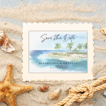 Modern Tropical Ocean Beach Script Save the Date  Announcement Postcard<br><div class="desc">Modern Tropical Ocean Beach Script Save the Date Announcement Wedding Postcard - Announce your wedding date with our stylish watercolor beach invitation announcement featuring a gorgeous watercolor tropical beach scene. A warm sandy beach with turquoise water and palm trees decorated with string lights with modern script typography. Save the Date...</div>