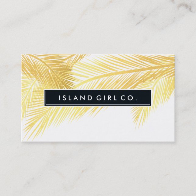MODERN TROPICAL PALM FRONDS logo trendy gold white Business Card (Front)