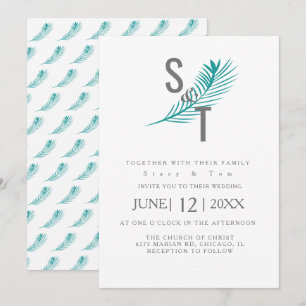 Modern Tropical Palm Leaf Teal Wedding Invitation