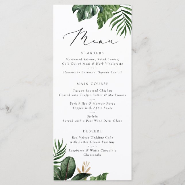 Modern Tropical Palm Leaf Typography Wedding Menu (Front)