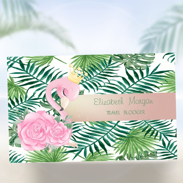 Modern Tropical Palm Leaves,Baby Pink Flamingo Business Card (Creator Uploaded)