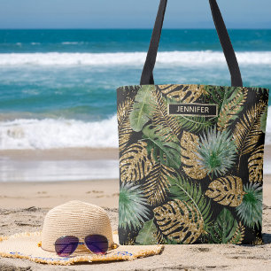 Modern Tropical Palm Leaves Faux Gold Glitter Name Tote Bag