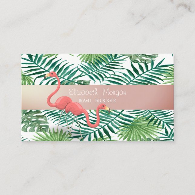 Modern,Tropical Palm Leaves , Flamingos Business Card (Front)