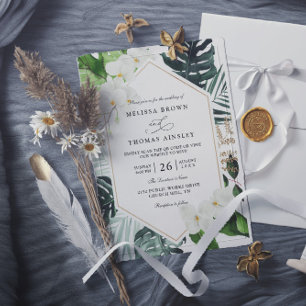 modern tropical palm leaves floral qr code wedding invitation