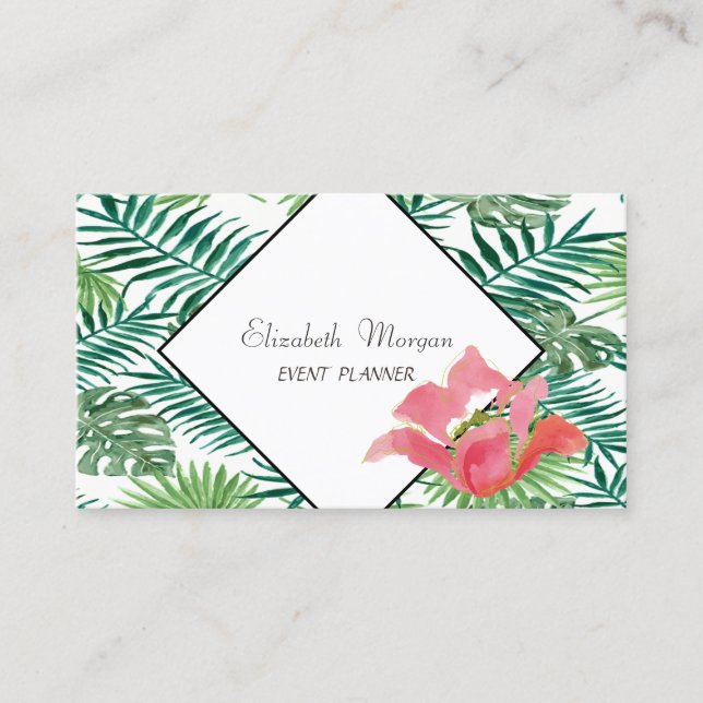 Modern  Tropical Palm Leaves Hawaiian Hibiskus Business Card (Front)