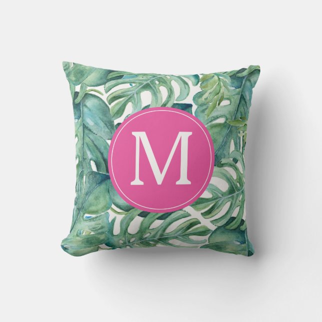 Modern Tropical Palm Leaves Monogram Cushion (Front)