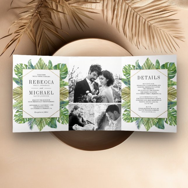 Modern Tropical Palm Leaves Photo Collage Wedding Tri-Fold Invitation (Creator Uploaded)