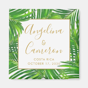 Modern Tropical Palm Leaves Wedding Date Favour Magnet