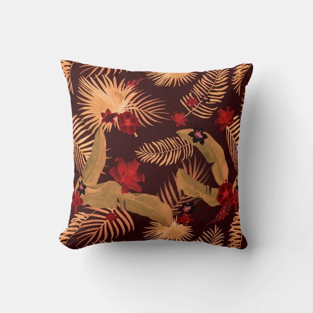 Modern Tropical Palm Pattern | Brown Beige & Red Cushion (Front)