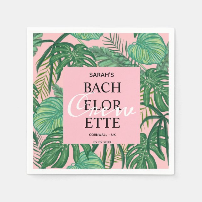 Modern Tropical Palm Pink Bachelorette Crew Party Napkin (Front)