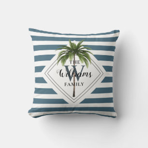Modern Tropical Palm Tree Blue Stripes Monogram Cushion