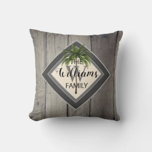 Modern Tropical Palm Tree Family Monogram Name Cushion