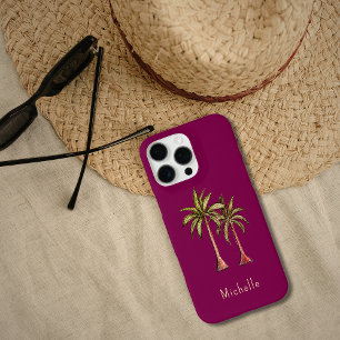 Modern Tropical Palm Trees Red Burgundy iPhone 16 Pro Max Case