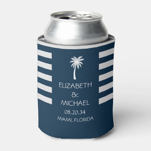 Modern Tropical Palm Trees Wedding navy blue       Can Cooler (Can Front)