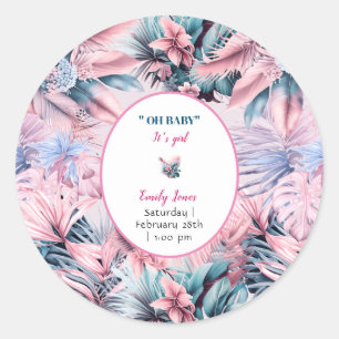 Modern tropical pastel pink blue oh baby shower classic round sticker