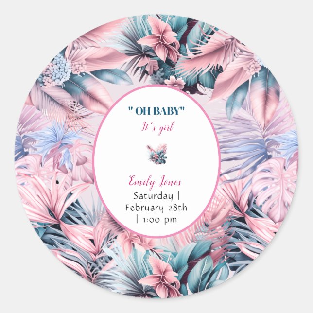 Modern tropical pastel pink blue oh baby shower classic round sticker (Front)