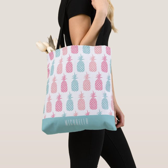 Modern Tropical Pineapple Monogram Tote Bag (Close Up)
