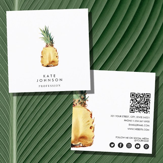 Modern Tropical Pineapple QR Code Social Media Square Business Card (Creator Uploaded)