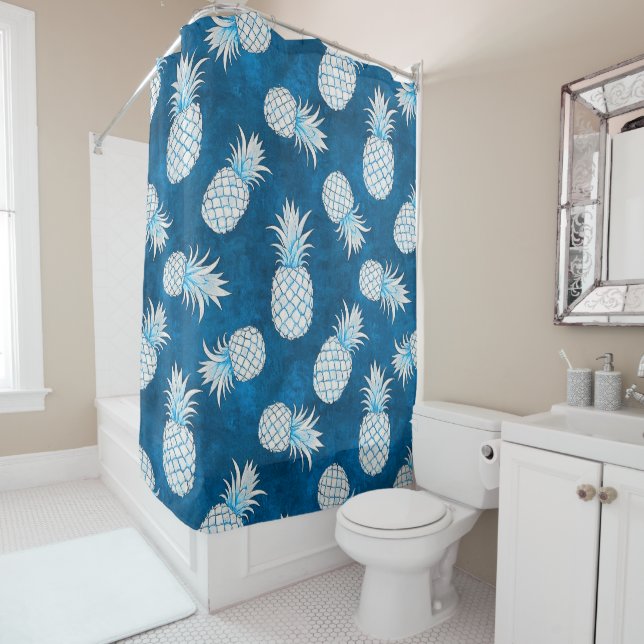 Modern Tropical Pineapple Watercolor Shower Curtain (In Situ)