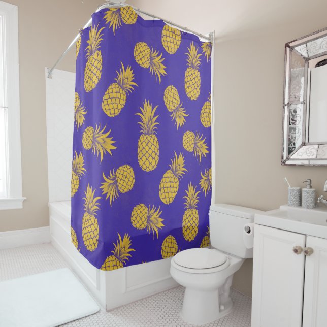 Modern Tropical Pineapple Watercolor Shower Curtain (In Situ)