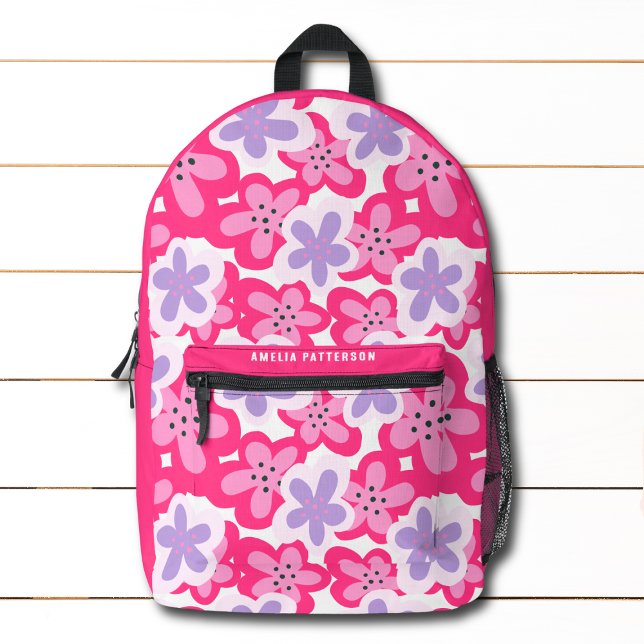 Modern Tropical Pink Floral Personalised Name Printed Backpack (Creator Uploaded)