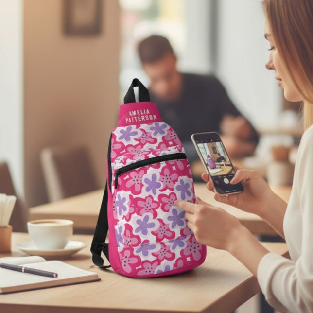 Modern Tropical Pink Floral Personalised Name Sling Bag (Creator Uploaded)