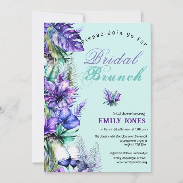 Modern tropical purple floral bridal brunch invitation (Front)