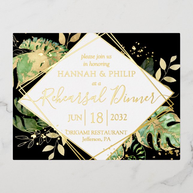 Modern Tropical Rehearsal Dinner Gold Foil Invitation Postcard (Front)