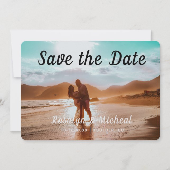 Modern Tropical Romantic Beach 3 Photos of Couple Save The Date (Front)